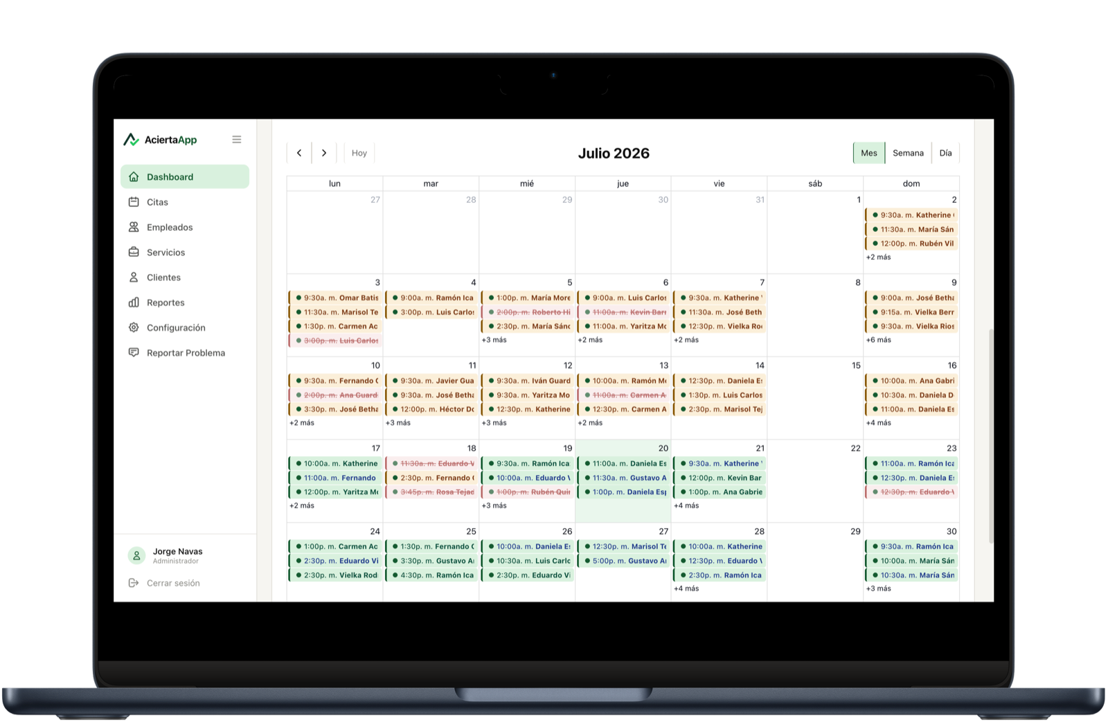 Calendario mensual de AciertaApp con las citas de cada día y su estado