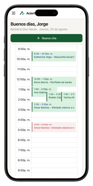 El calendario de citas de AciertaApp en un teléfono