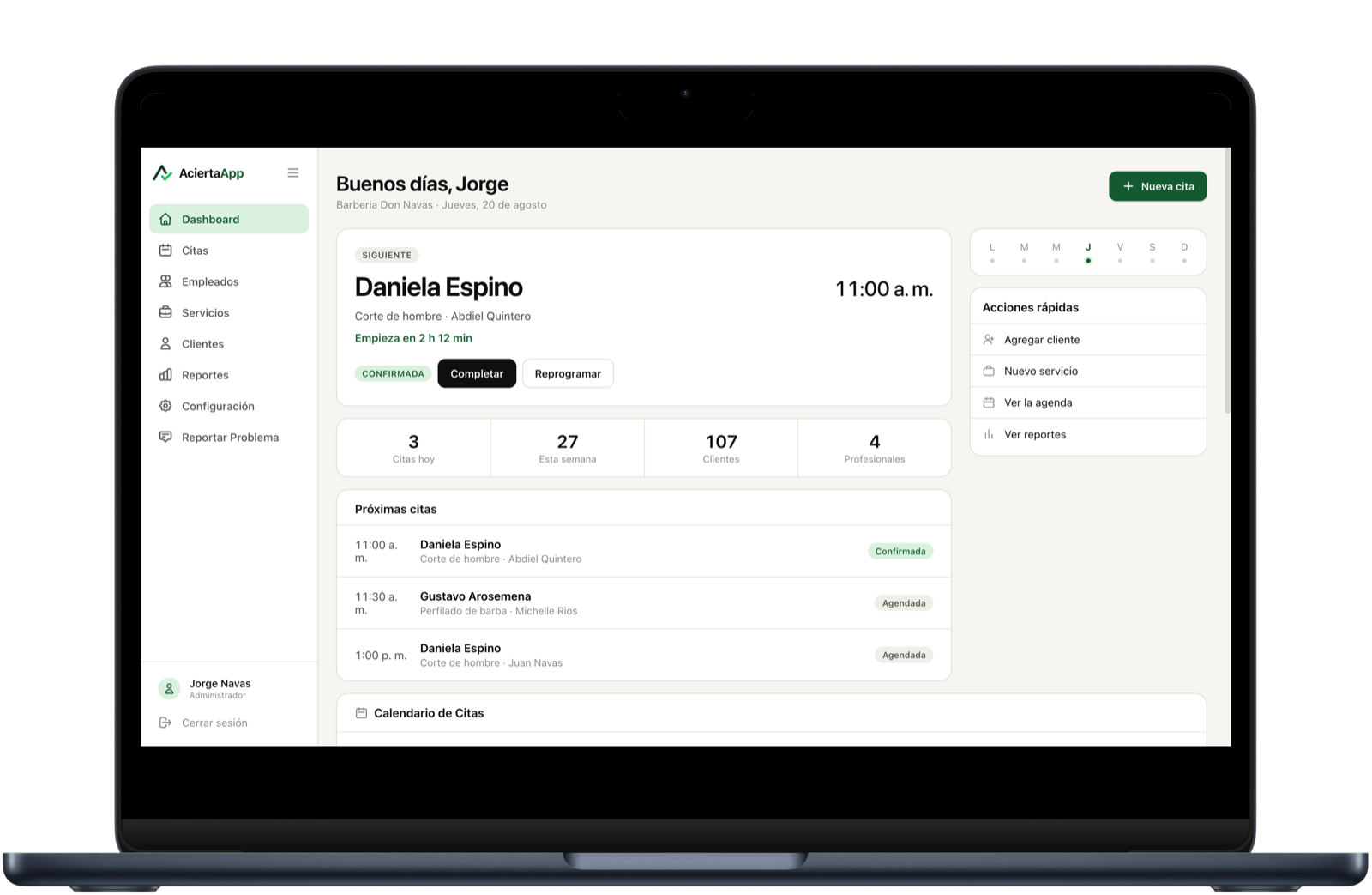 Panel de AciertaApp: la próxima cita, las del día y los accesos rápidos del negocio