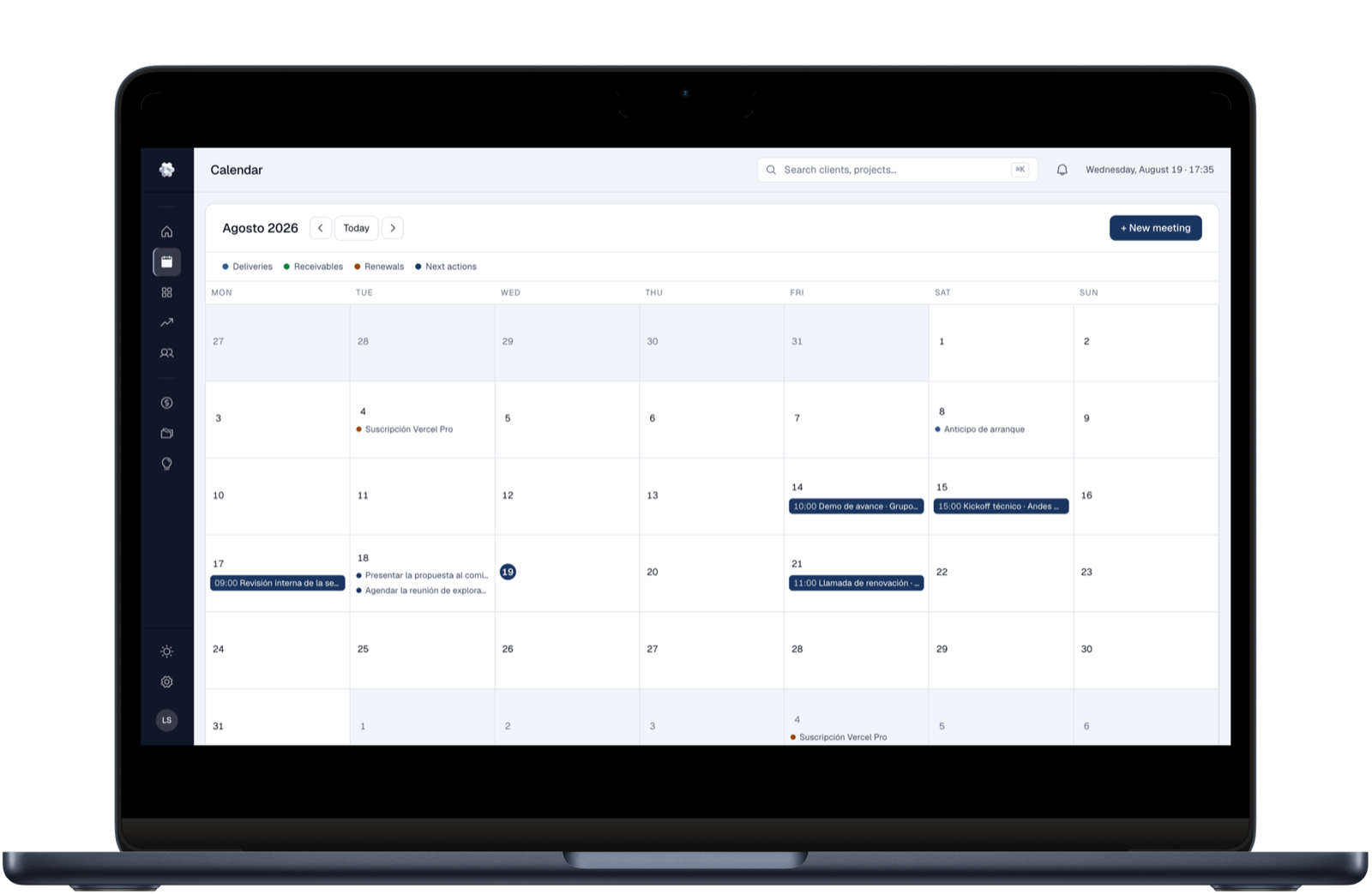 The VigoLabs OS calendar with the month’s deliveries, receivables and renewals