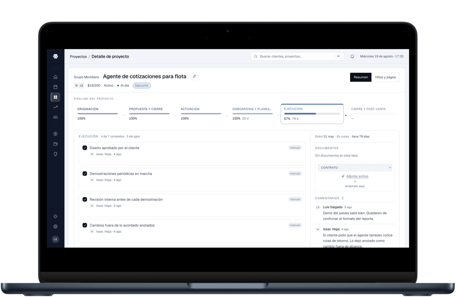 Detalle de un proyecto en VigoLabs OS: las seis fases, su checklist y los comentarios del equipo